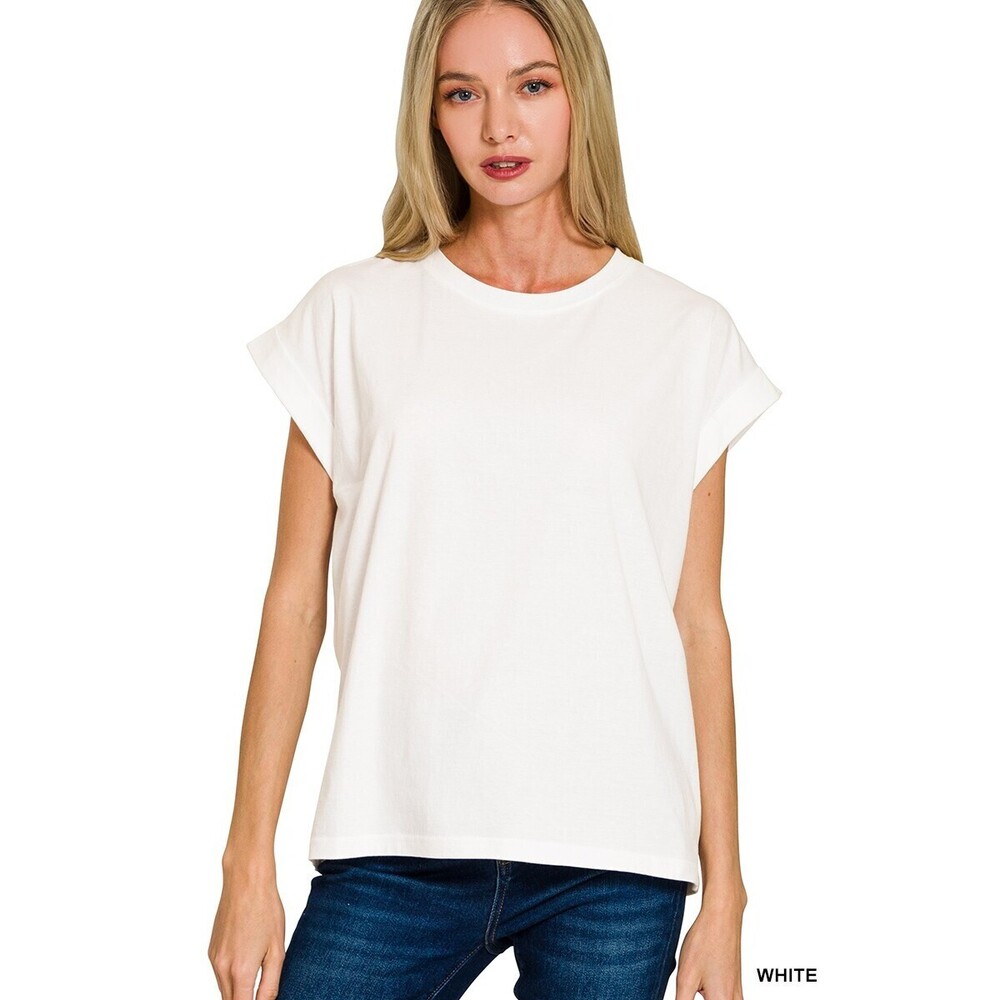 Z1 WHITE Zenana Round Neck Folded Short Sleeve T-Shirt Various Sizes